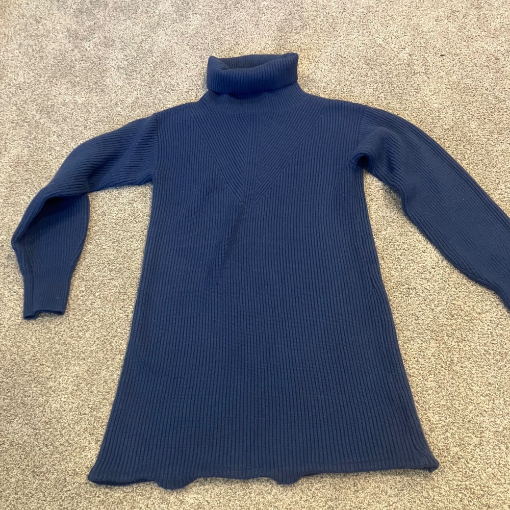 Ann Taylor Navy Blue Ribbed Turtleneck Sweater Dress Long Sleeve Small Textured